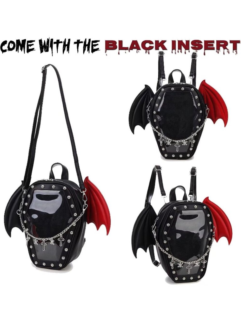 Women’s Black Red Wing Gothic Coffin Purse Halloween PIN Imported Backpack Bag - Picture 5 of 7